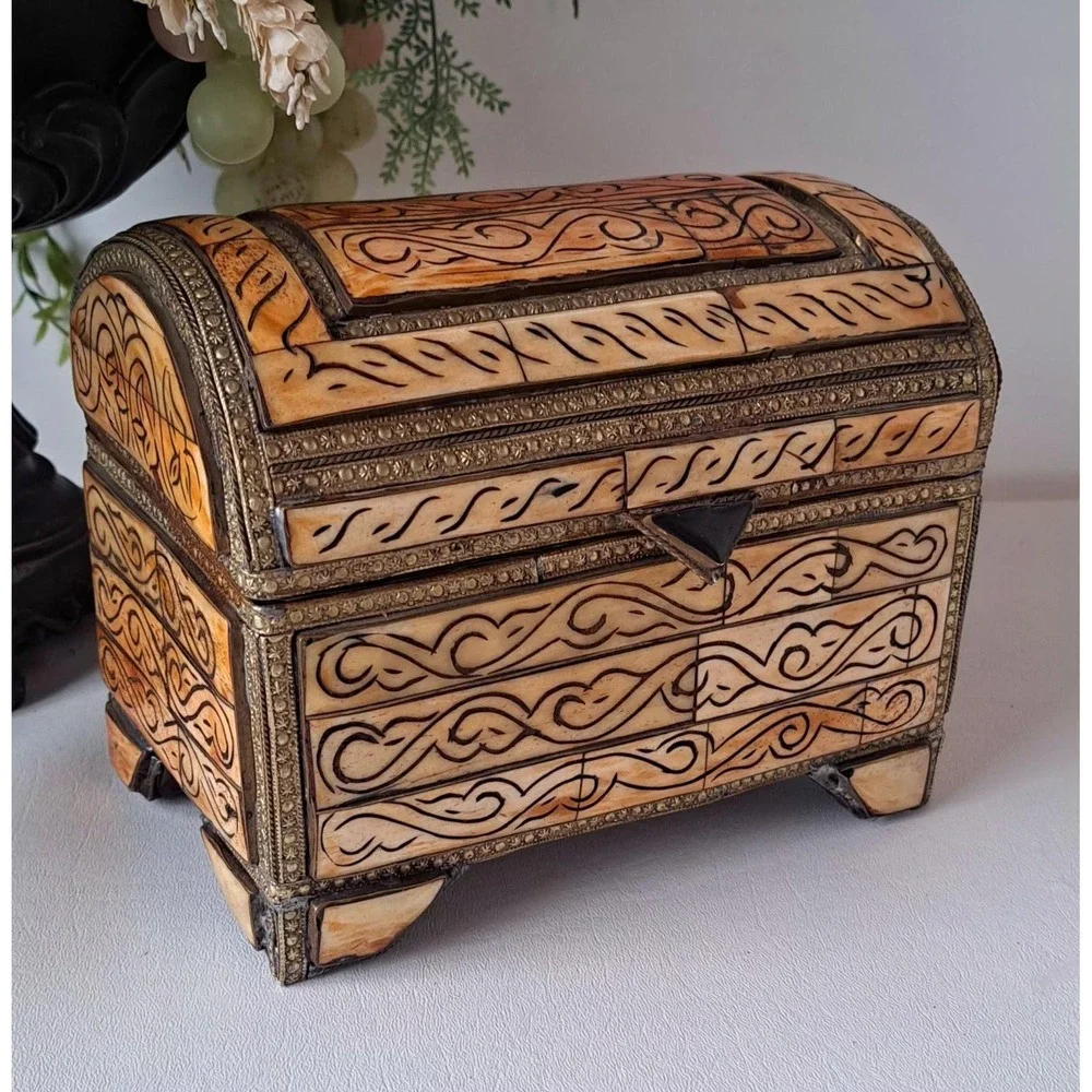 Antique Moroccan Camel Bone with Brass & Copper Inlay Dowry Chest